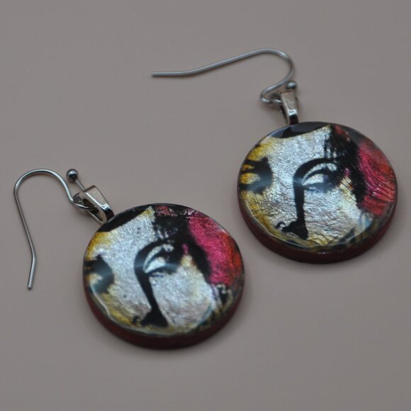 Handcrafted artsy earrings, wood & resin, metallic shimmer, stainless ear hooks - Picture 1 of 11